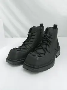 New Style High-Top Men's Boots, Lace Up Boot, Winter Square Toe Thick Sole Height Increasing Motorcycle Work Leather Shoes