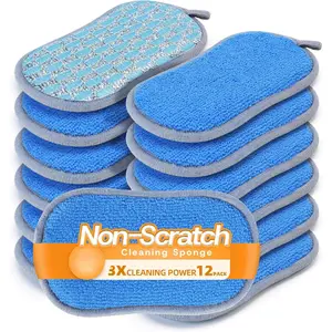 Multi-Purpose Scrub Sponges Kitchen - 12 Pack Dish Sponge, -Sided Non-Scratch Microfiber & Metal ,  Sponges for Dishes, Pots, Glass, Sink, Stovetop & Bathroom (Blue)