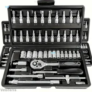 46Pcs Tool Set, Car Repair Machinery Tools, Household Machinery Tools, Car and Bicycle Repair Tools, 1/2 * 1/4 "3/8" Drive Depth and Standard Socket, Ratchet Torque Wrench Screwdriver Socket Combination Tool,Gift for DadVeloTerraLumièreNoire16