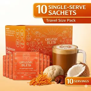 10 Single-Serve Sachets – ORGANIC BLESS Instant Mushroom Coffee with Coconut Milk & MCT Oil – Lion’s Mane, Reishi & Cordyceps – Adaptogenic Mushroom Coffee – Immune Support – TikTok Brew Coffee – Travel Pack