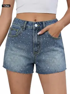 Shimmering Diamond Jean Shorts for Women, Rhinestone Embellished Button Denim Shorts, Frayed Edge Casual Fashion Style, Trendy Ladies' Jeans