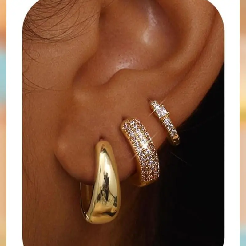 LOLIAS Women's 14 Karat Gold Plated Small Chunky Hoop Earrings Set - 3-Pair Classical Gold Jewelry, Hypoallergenic Lightweight Accessories for Women, Bling Effect Earring Stack for Multiple Piercings, Casual Cute Sensitive Ear Pieces
