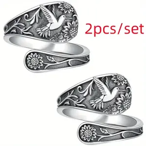 2 Pieces Vintage Hummingbird Daisy Adjustable Open Rings Valentine's Day Anniversary Birthday Party Gift Jewelry Accessories