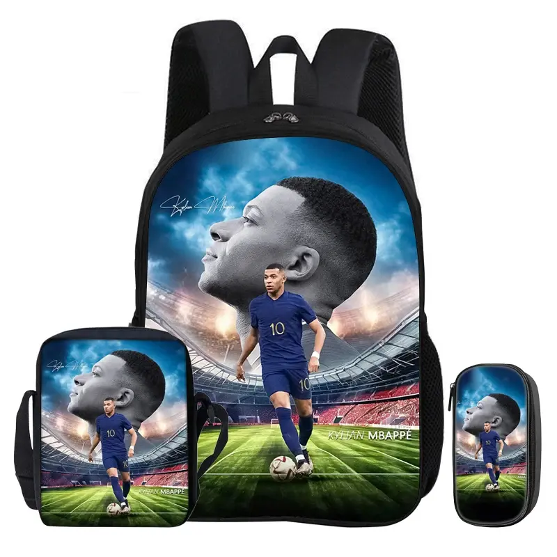 M-Mbappe 3-Piece Cartoon Print Nylon Backpack Set - Fashion Zipper Shoulder Bag, Pencil Bag, Back to School Sports Bookbag Gift, Soft Back