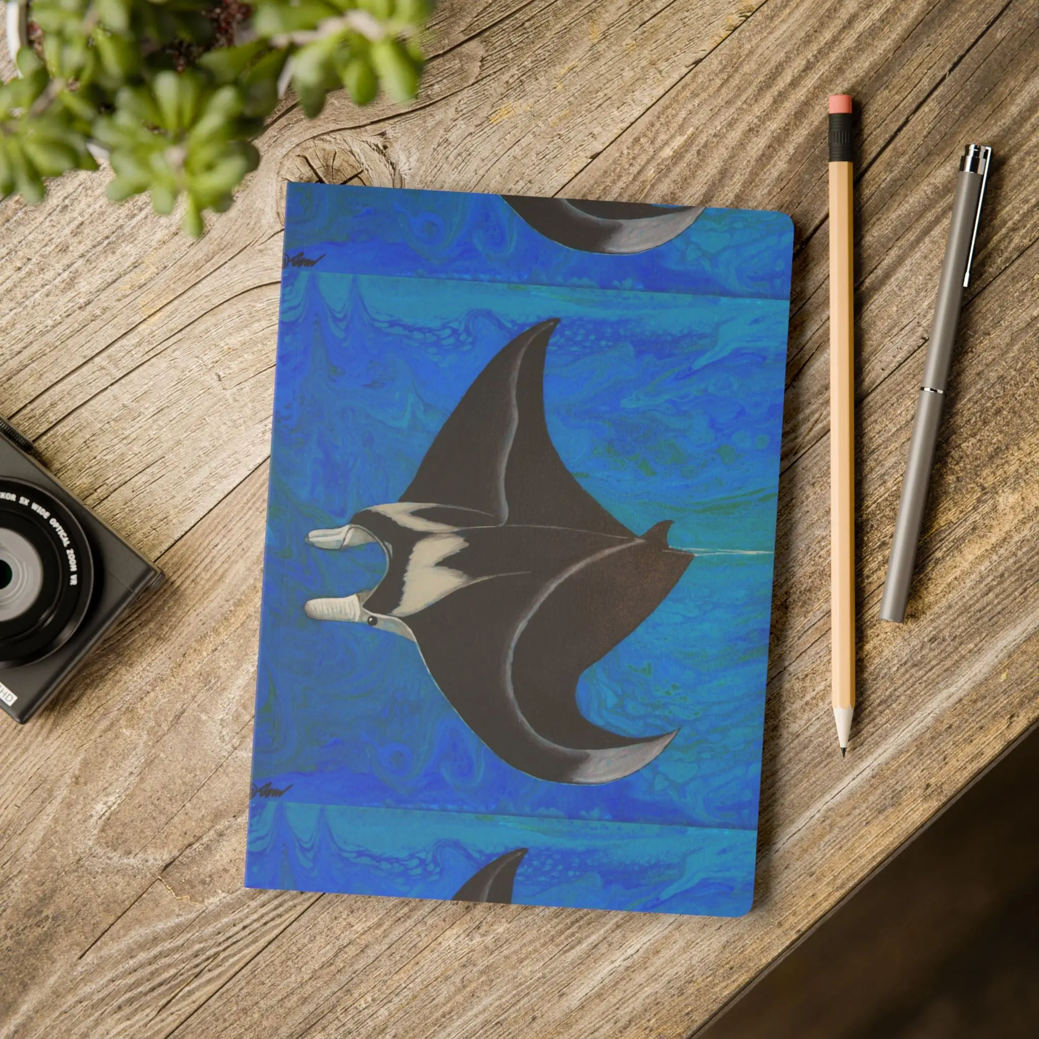 Manta Ray Softcover Journal - Ocean Blue Colorful Animal Illustration Notebook, Office Stationery for Computers & Office Equipment Use, Colorful Animal Notebooks, Illustration Notebooks