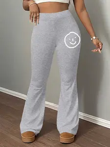 Pattern Print Women's Casual Slim Fit Flared Pants, Long Regular Length, Elastic Waist, Plain Pattern, Spring Autumn Winter Home Wear, Bottoms, Casual Comfy Trousers