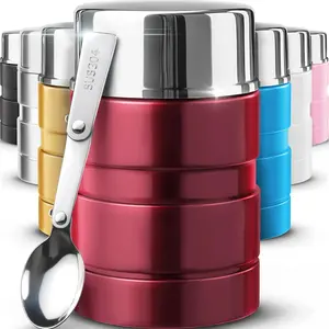 Stainless Steel Thermo For Hot  17OZ with Folding Spoon, Vacuum Insulated  Container, Soup Thermo with Wide Mouth, Insulated  Jar for Hot & Cold , Red