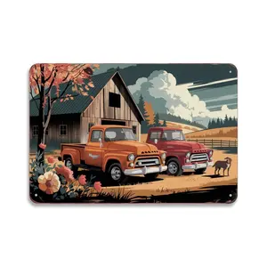 Vintage Autumn Barn Classic Trucks Metal Sign Print Aesthetic Room Decoration for Home Bedroom Kitchen Dorm Bathroom Wall Decor 8 X 12 ， Easy to Hang