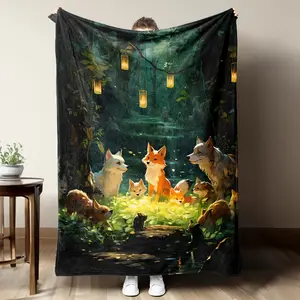 Cute Forest Fox Print Flannel Blanket Multiple Sizes Soft Warm Cozy for Sofa Bed Office Camping Travel Adults Kids Perfect Gift