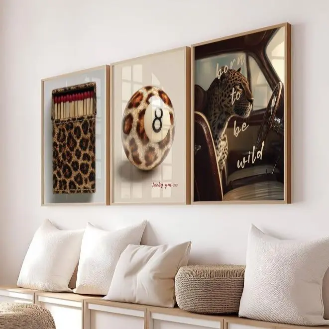 Set of 3 Trendy Wall Art Leopard Print Retro 8 Ball Y2k Apartment Prints Aesthetic Chic Wall Prints Dorm Room Decor College Poster Gift