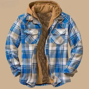 Men's Quilted Plaid Flannel - Polyfill Insulated Hooded Shirt Jacket