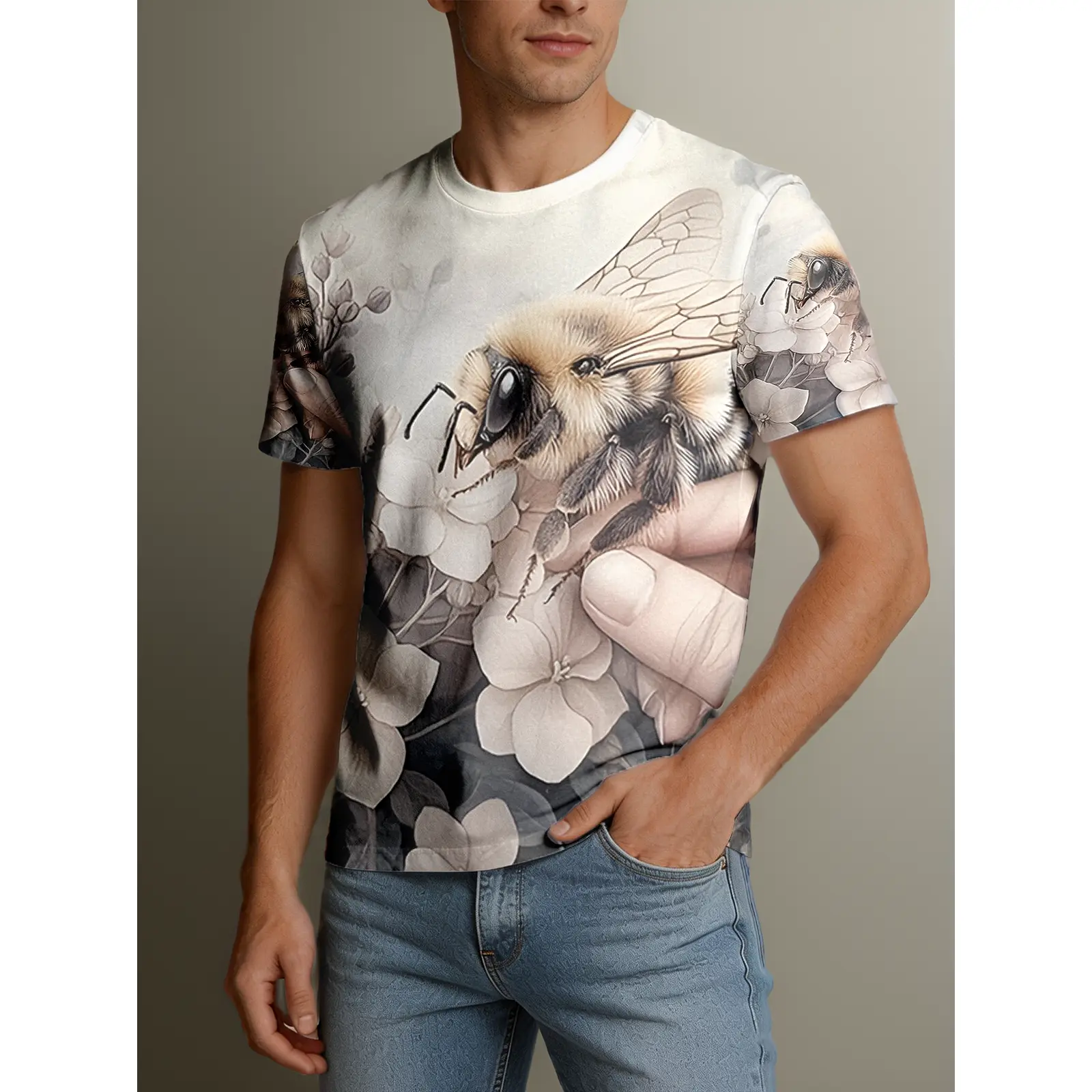 1pc Comfortable Round Neck Short Sleeve T-Shirt with Bee and White Flower Pattern- Suitable for Outdoor Activities, Gym Workouts, and Shopping Trendy and Versatile Mens Short Sleeve T-shirt, PLUS SIZE
