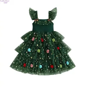 Toddler Girls Christmas Pom‑Pom Tutu Dress, Sequin Star Bow Decor Ruffle Fly‑Sleeve Layered Tulle Outfit, Cute Cake Smash Party Gown for Holiday Celebrations, Birthday Photoshoots, Family Gatherings & Christmas‑Themed Events