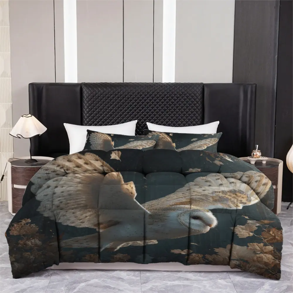 3pcs (1 comforter + 2 pillowcases) Flying Barn Owl Bedding Set with Autumn Leaves, All-Season Soft Warm Hypoallergenic, Wrinkle & Fade Resistant Easy-Care, Full/Queen/King Size, Unique Wildlife Nature Theme for Adult Bedroom Decor