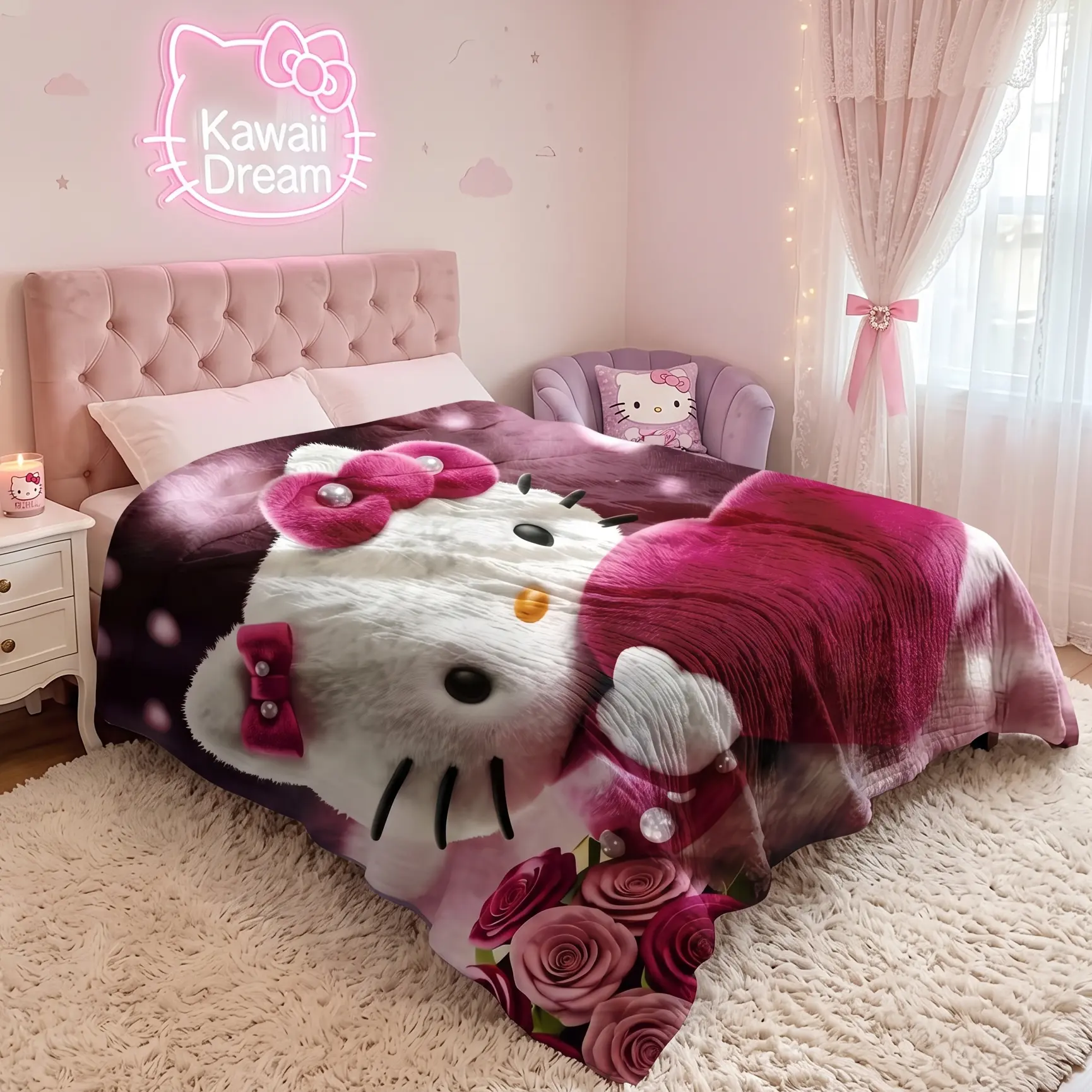[SummerVibes] SANRIO CLASSIC Hello Kitty Heart & Roses Flannel Blanket - Soft Cozy 2D Print Throw, Dreamy Romantic Decor for Sofa, Bed, Office & Travel