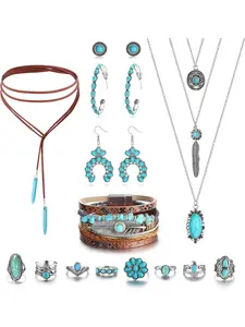 1 Set Turquoise Jewelry for Women Bohemian Western Jewelry Set Navajo Pearl Necklace Beaded Choker Necklace Turquoise Earrings Cuff Bracelet Vintage Knuckle Rings Boho Western Jewelry for Women