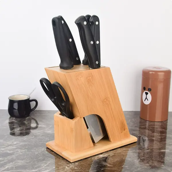 Natural Bamboo Knife Block with Scissors & Sharpener Slot – Eco-Friendly Kitchen Organizer for Knives, Shears & Honing Steel