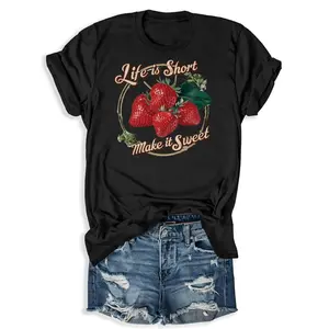 Life is Short Make it Sweet Strawberry T-shirt Vintage Retro Cottagecore Farmcore Fruit Lover Foodie Sweet Life Positive Vibes Tee Inspirational Motivational Shirt Gift Her Summer Spring Apparel Top