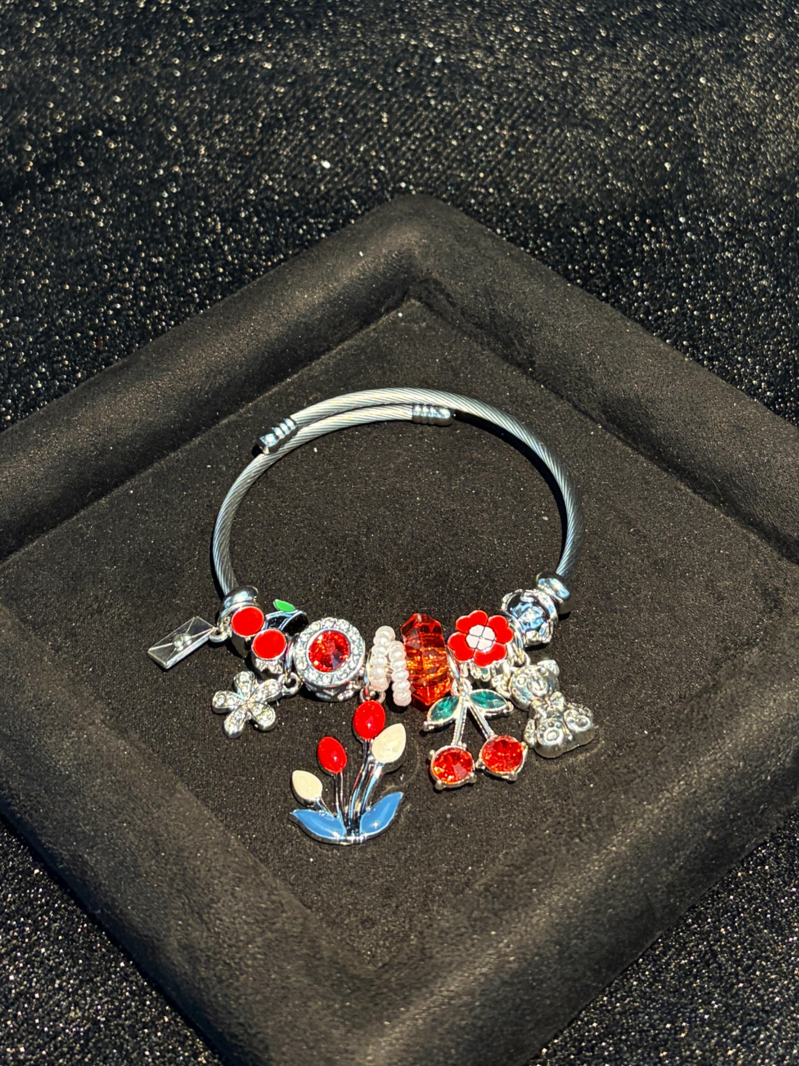Open Bangle Bracelet, Cherry Tulip Flower Bear Enamel & Sparkling Crystal Dangle Charms, Cute Colorful Statement Jewelry Gift for Women Open Bangle Bracelet, Cherry Tulip Flower Bear Enamel & Sparkling Crystal Dangle Charms, Cute Colorful Statement Jewelry Gift for Women