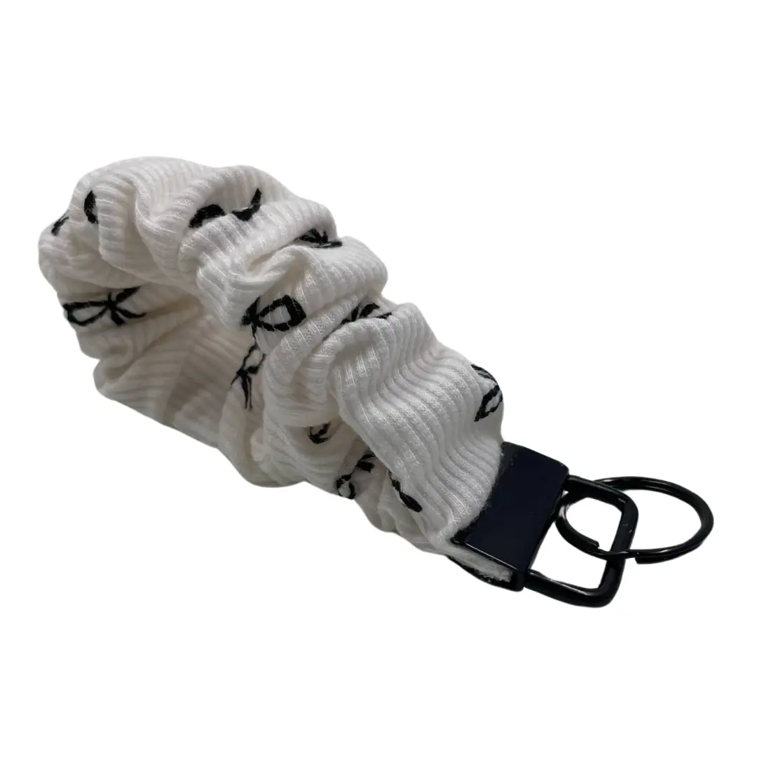Bonita's Bow-mance Scrunchie Keychain - 7" Handmade Wristlet for Keys, IDs, Hand Sanitizer, Soft Stretch Fabric, Black Bows
