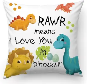 Cute Dinosaur Throw Pillow Covers 18x18 Inch, Set of 2 Double-Sided "RAWR Means I Love You" Kids Cushion Cases, Colorful Cartoon Dino Decorative Pillowcases for Nursery Bedroom Sofa