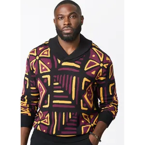 Iferan Men's African Print Sweater (Plum Black Tribal) - Clearance