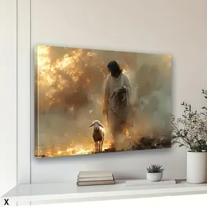 Framed Jesus Canvas Wall Art, Gold Abstract Christian Decoration, Suitable for Living Room Modern Country Simple Style Religious Sheep Jesus Shepherd Poster Art Bedroom Hanging Painting