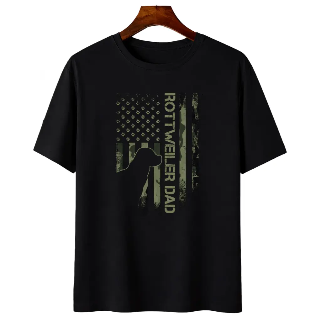 Women's 100% Cotton Round Neck Short Sleeve T-Shirt - Vintage USA Camouflage Flag, Proud Rottweiler Dad Rottie Silhouette, Short Sleeve Tops, Regular Fit