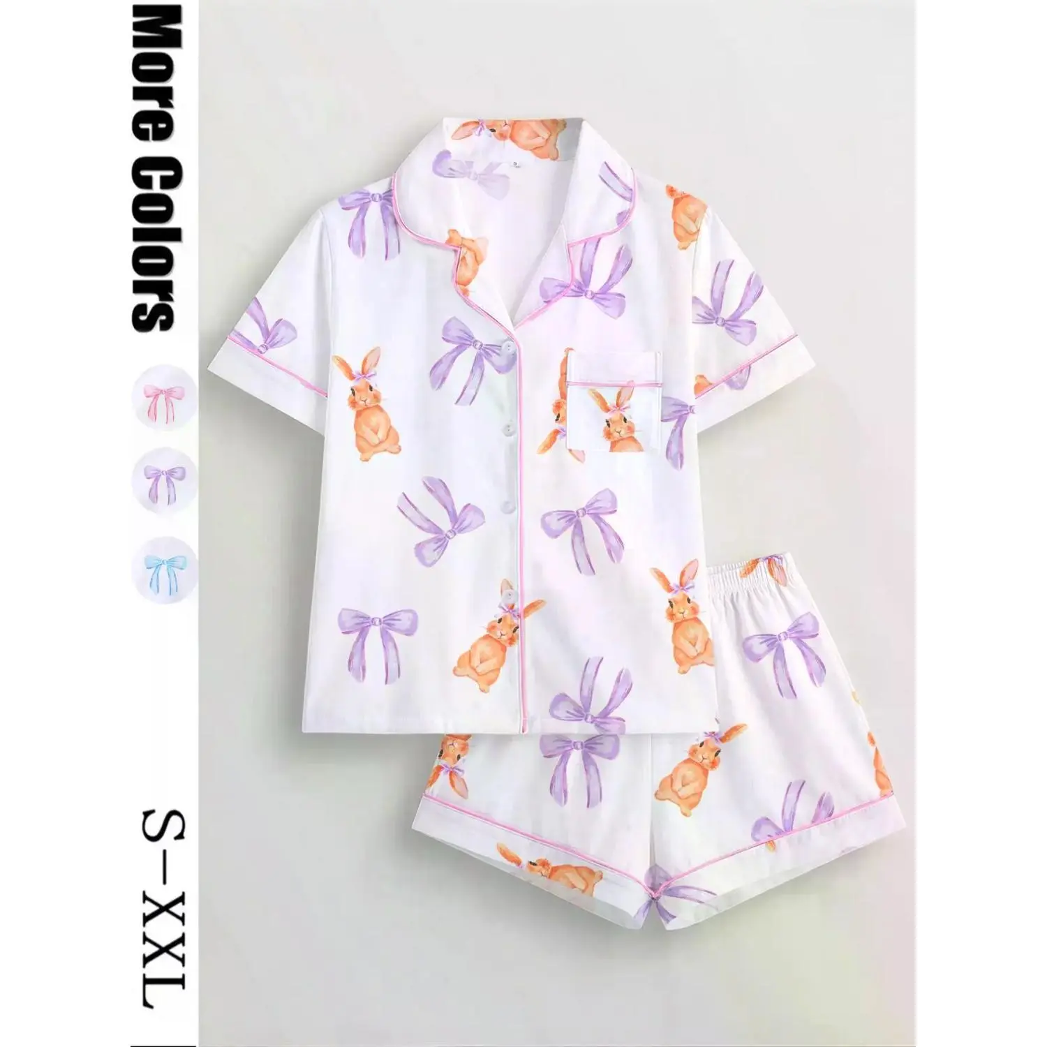 Women's Bow & Rabbit Print Sleepwear Set, Short Sleeve Button-Up Top with Elastic Shorts, Casual All-Season Loungewear Pajamas