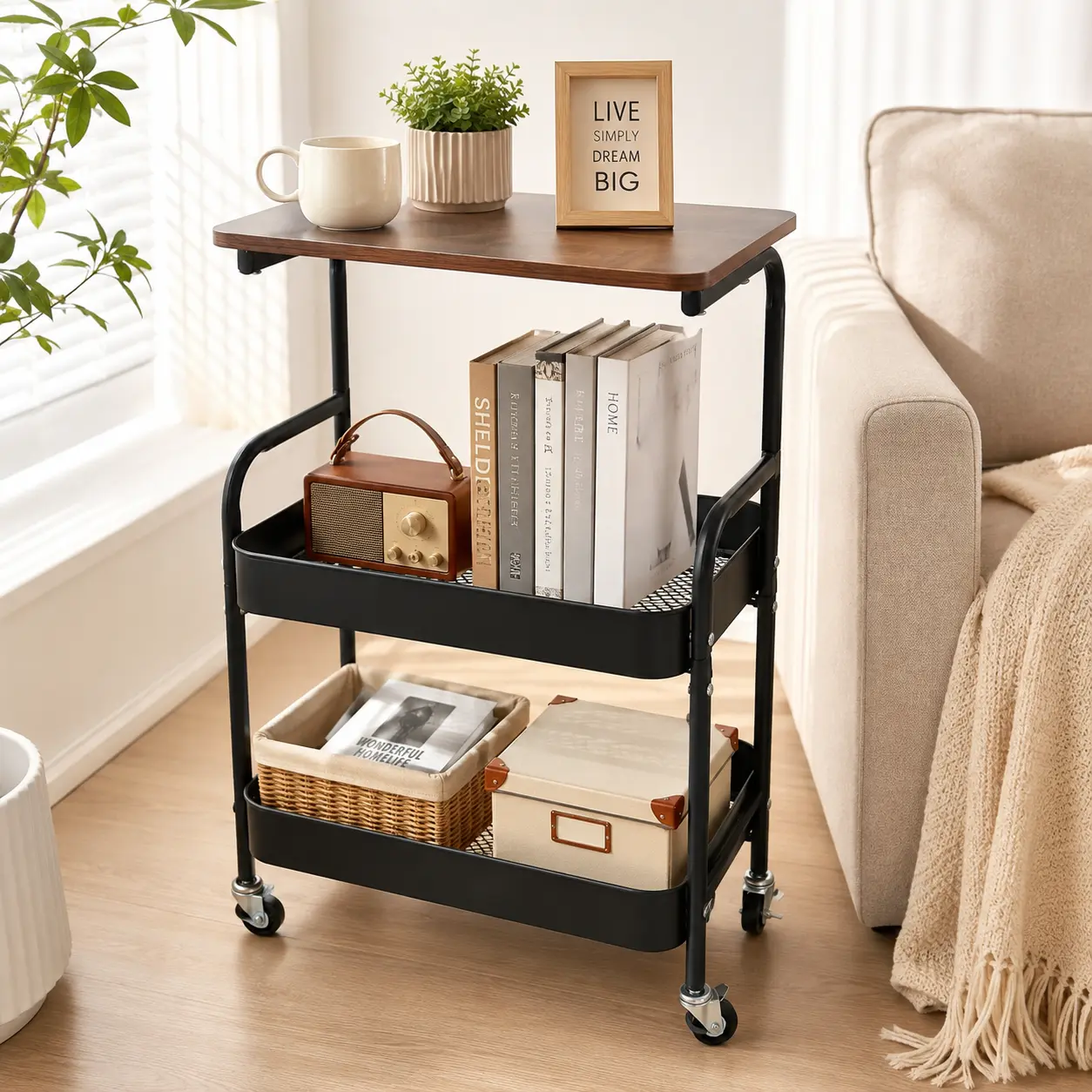 3 Tier Metal Rolling Utility Cart Organizer with Walnut Table Top, Stable & Sturdy Rolling Storage Cart with 2 Lockable Wheels for Kitchen, Bathroom, Snacks, Coffee, Crafts, Makeup & Baby Essentials