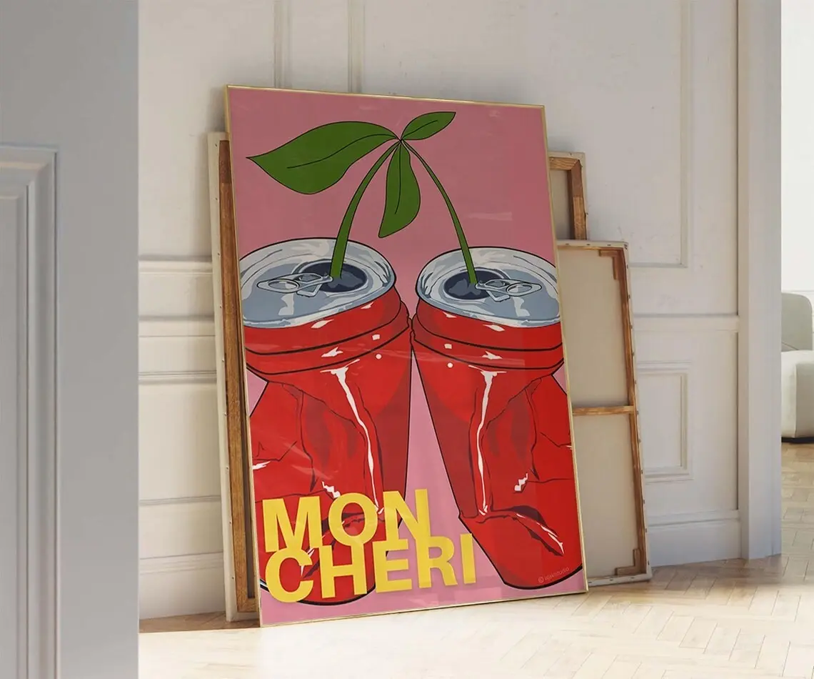 Mon Cheri Crushed Cans Poster, Pink and Red Wall Art, Dopamine Wall Decor, Maximalist Wall Art Kitchen Pop Art, Eclectic Bar Cart Print