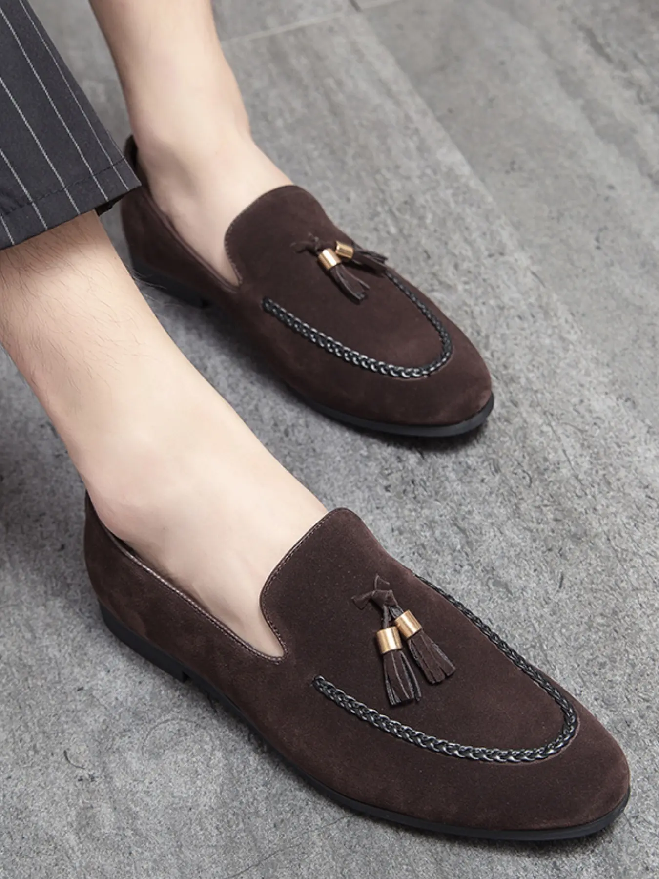 Men's Fur Suede Tassel Loafers, One-Click Slip-On Casual Shoes, Wedding Groom Dress Shoes, Business Showbiz Party Footwear, Fashionable Loafers, Business Office Shoes