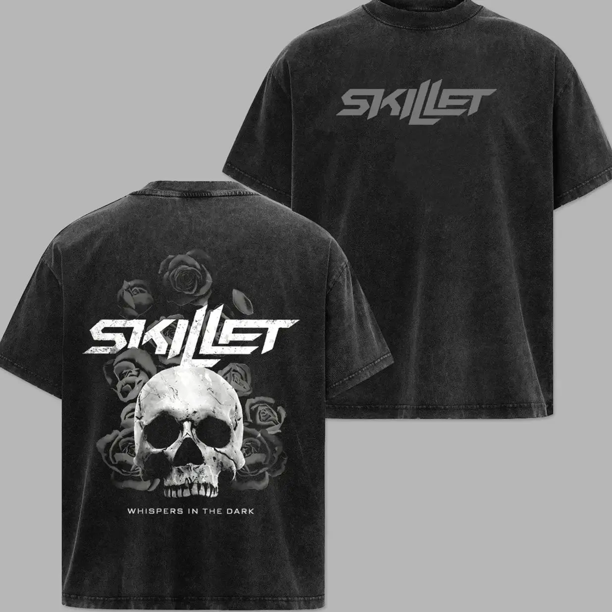 Vintage Skillet Whispers In The Dark Skull Rose Washed Tee & Hoodie, Oversized Heavyweight Cotton Graphic Rock Band Shirt JP9