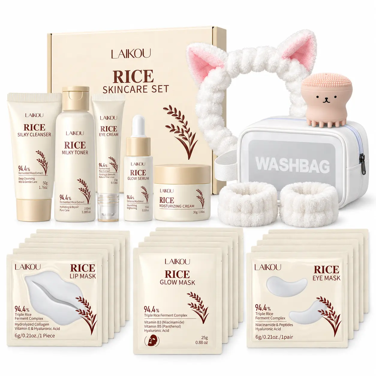 25-Piece Rice Skincare Set for Women & Teen Girls, Facial Care Kit with Cleanser, Toner, Serum, Eye Cream, Face Cream, Masks & Beauty Accessories, Birthday Christmas Holiday Gift Set