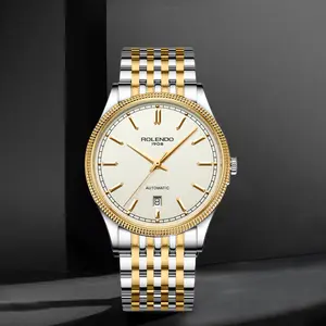 Luxury Self-Winding Automatic Mechanical Watch for Men Slim Round Case Two-Tone Polished Gold Silver Contrast Knurled Fluted Coin Edge Decorative Bezel Soft Matte Cream Textured Minimal Clean Dial Solid Polished