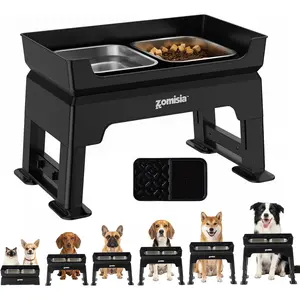 3-in-1 Raised Dog Bowl - 6 Height Adjustable Elevated Dog Bowls Stand, Double Deck Design Mess Proof, Feeding Station with 2 Stainless Steel Bowls & Licking Plate for Small Medium Large Pets
