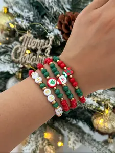Christmas Crystal Letter Bracelet Set, Beaded Elastic Wristbands, Festive Jewelry Gift for Women & Girls