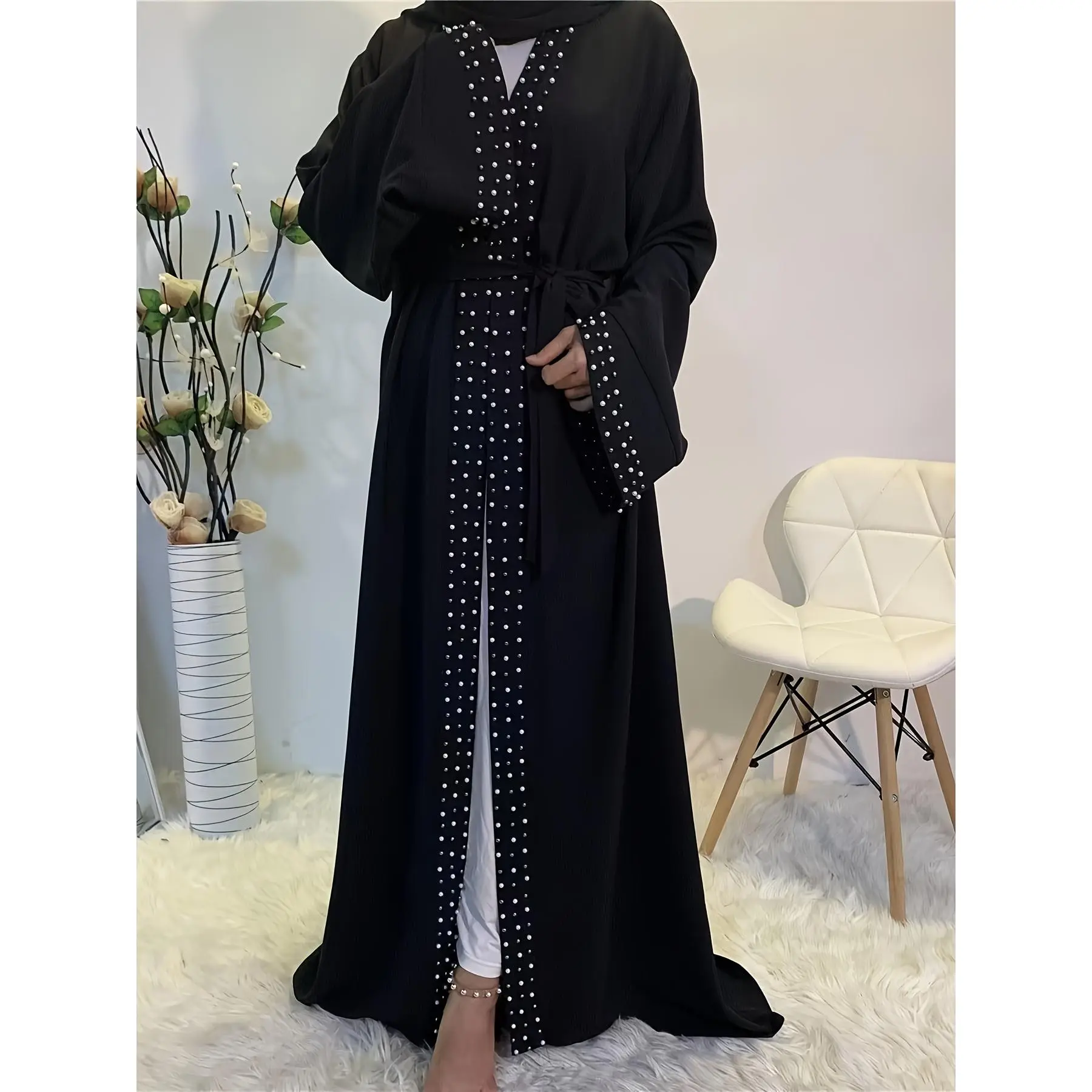 Ramadan Beaded Kaftan Long Line Cardigan, Casual Long Sleeve Loose Middle East Long Line Cardigan, Women's Clothing