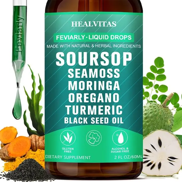 Highly Absorbable Natural Soursop Bitters Liquid 10-In-1 with Natural Soursop Seaweed, Moringa, Turmeric, Black Seed Oil, Oregano, South African Drunken Tomato| Herbal Extracts, Supports Digestion&Intestinal Health|Easy to Take Liquid Supplement 2oz