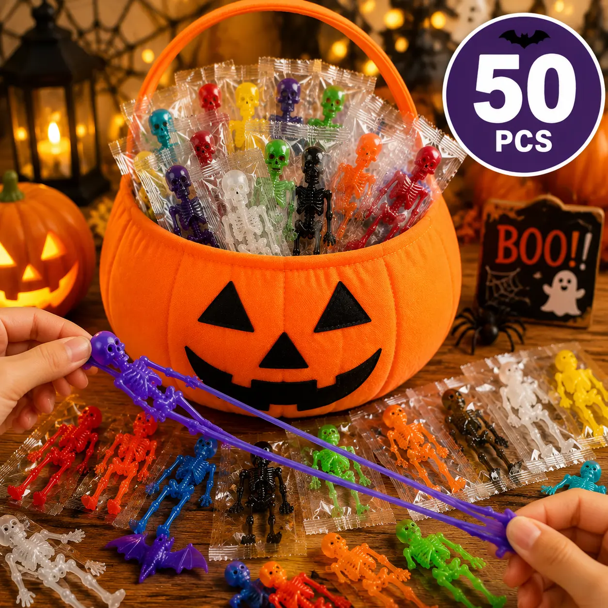 50 PCS Plastic Unisex Spooky Colorful Halloween Stretchy Skeleton Finger Toys Set - Individual Wrap, Sensory Fidget Toys, Party Bucket Fillers, Kids' Classroom Event Quirky Gifts