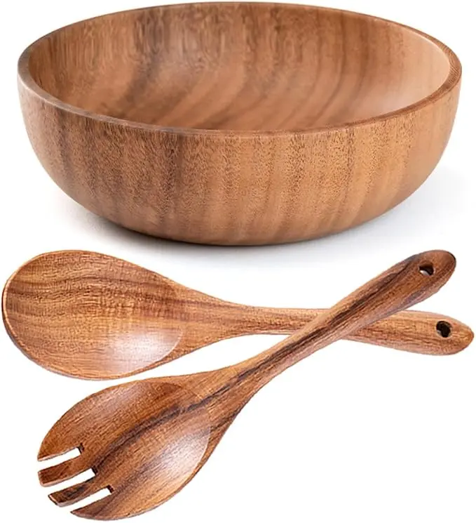 Wooden Serving Bowl, Acacia Wood Large Salad Bowl Set with Salad Spoon and Fork for Fruits, Salads, Pasta