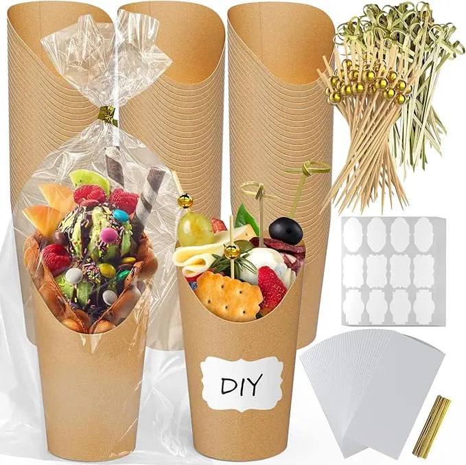 Disposable French Fry Snack Cup Serving Kit - 100 12Oz Kraft Paper Cone Cups, 200 Bamboo Knot Cocktail Skewers, 100 Waterproof Food Bags, Blank Labels, Easy to Carry Low Front Set for Baby Shower, Graduation