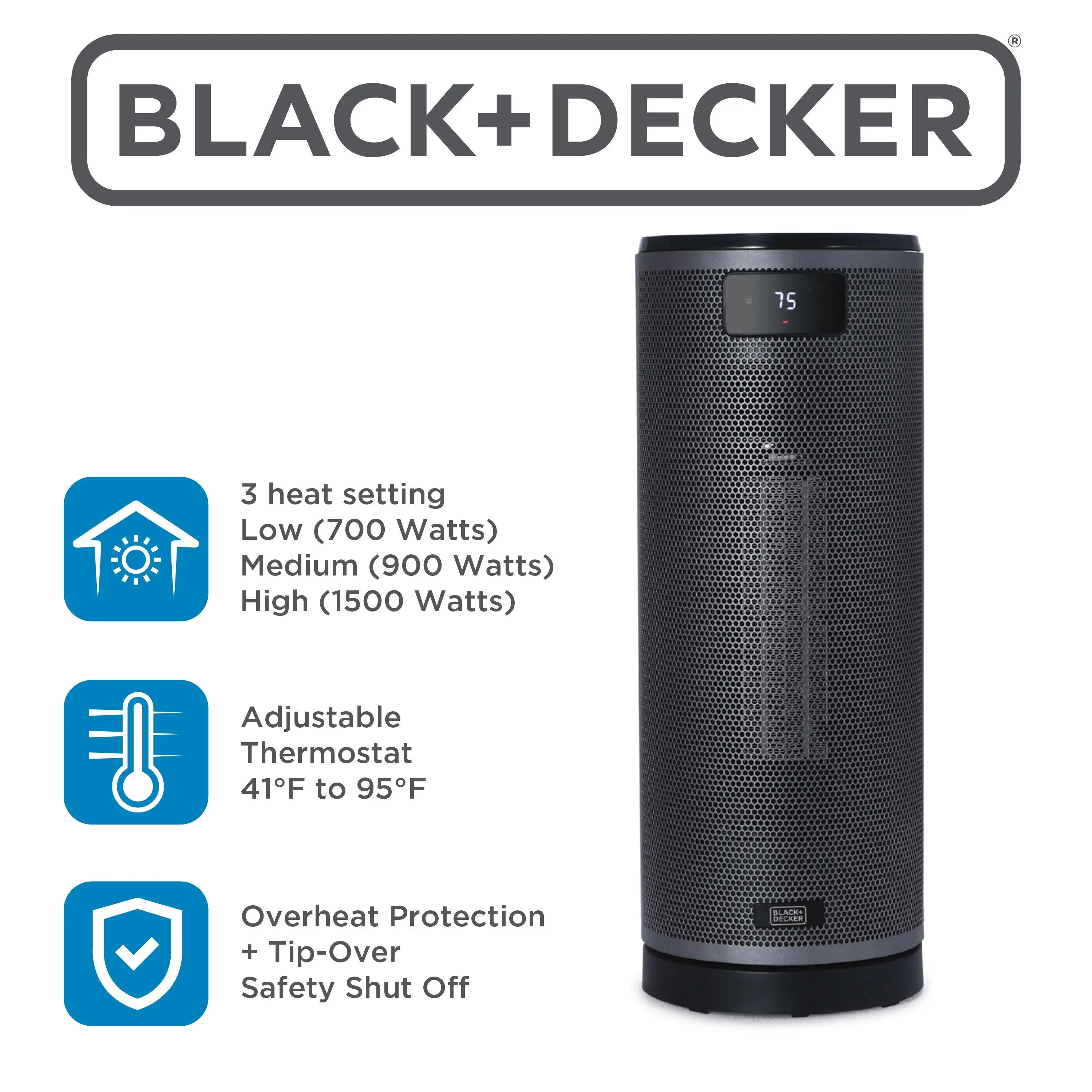 BLACK+DECKER Small Ceramic Oscillating Tower Heater (BHTC209, Black) - Energy Saver, 75-Degree Oscillating Function, Remote Ctrl, Digital LED Display, Adjustable 41°F-95°F Temperature, 3 Heat Settings Up to 1500W