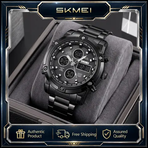 SKMEI Men's Casual Quartz Wristwatch - 48mm Big Face Analog-Digital Display, Stainless Steel Strap, 30M-50M Waterproof, Stopwatch Alarm, Backlit, 12-Hour & 24-Hour Formats, Fashion Men's Accessory