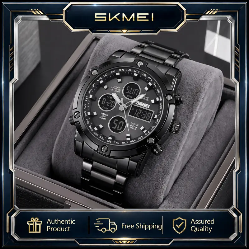 SKMEI Men's Casual Quartz Wristwatch - 48mm Big Face Analog-Digital Display, Stainless Steel Strap, 30M-50M Waterproof, Stopwatch Alarm, Backlit, 12-Hour & 24-Hour Formats, Fashion Men's Accessory