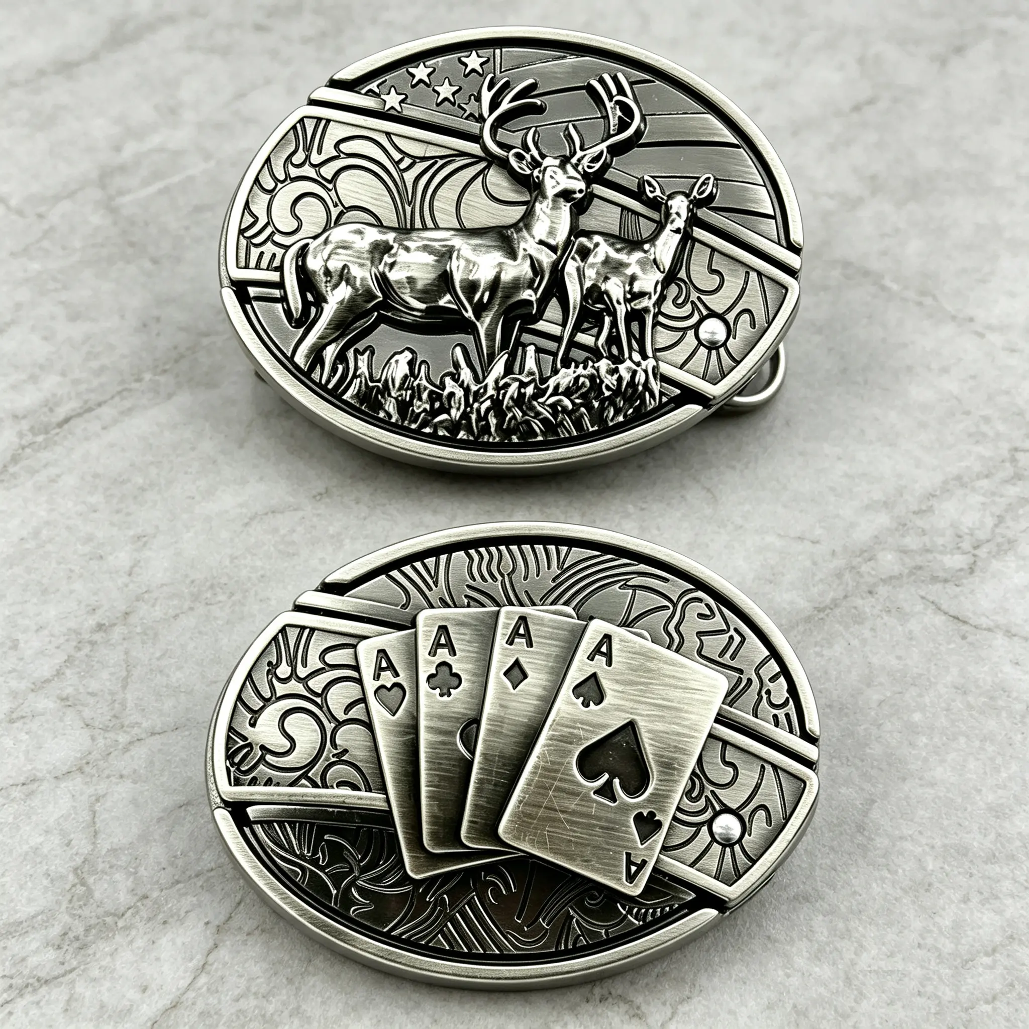 Vintage Antique Silver Deer & 4 Aces Poker Card Belt Buckle Head, Unisex Cowboy Hip Hop Decorative Accessory, 1.5-1.75 Inch Belt Replacement Buckle, Ideal Gift for Men (Husband, Father, Boyfriend)