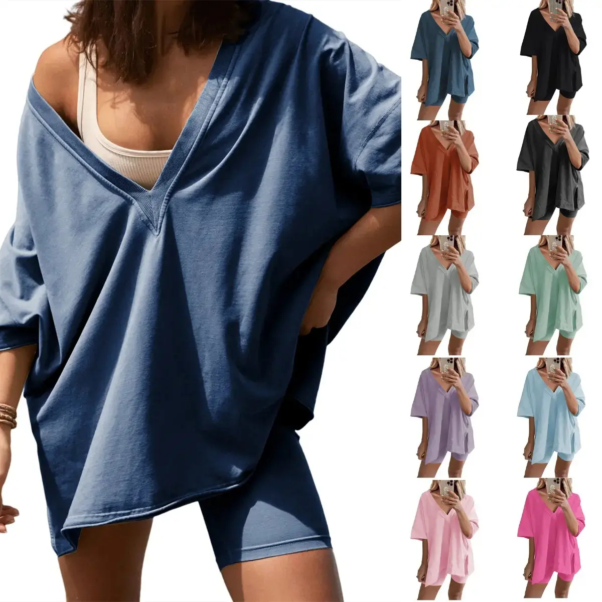 WoodBerry Women's Two Piece Oversized Set Reversible V-Neck Tee & High Waist Biker Shorts Stretchable Stylish Activewear, Flowy Casual Streetwear