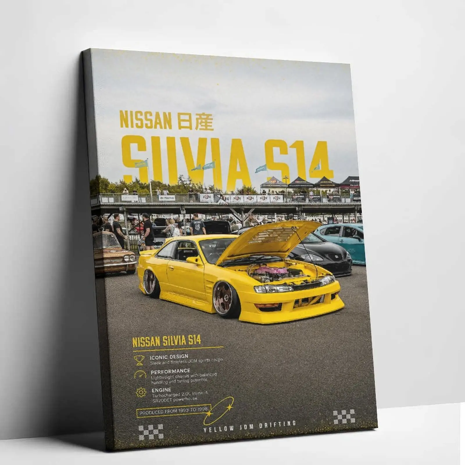 Modern Yellow JDM Drifting Car Canvas Wall Art Vintage Sports Car Poster Prints Turbo Four Cylinder Vehicle Photo Graphic Artwork Living Room Garage Man Cave Decor Picture Workspace Backdrop