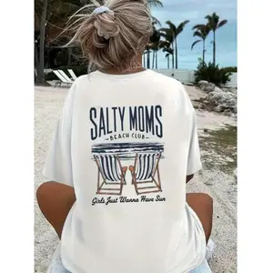 Womens Beach Graphic Tee Salty Moms Beach Club Deck Chair Print Crewneck Short Sleeve Summer Vacation Coastal Casual Tshirt