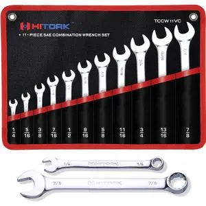 11 Piece Combination Wrench Set with Roll, SAE Sizes (1/4" - 7/8"), Drop Forged Cr-V, Plated Mirror Finish, 12 Point Box End, 15° Offset, Exceeds ANSI Standards